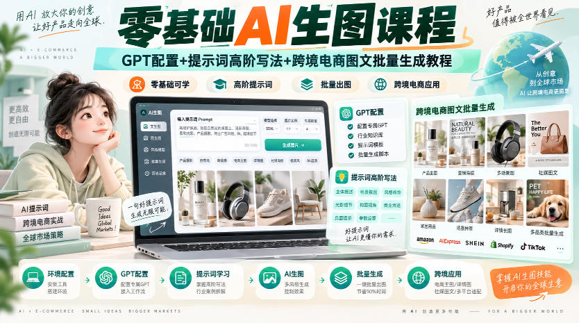 零基础AI生图课程，GPT配置+提示词高阶写法+跨境电商图文批量生成教程-第一资源库