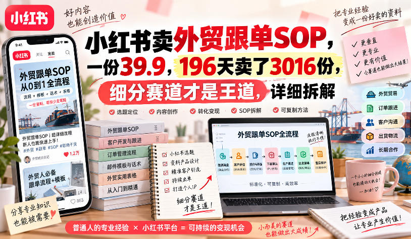 小红书卖外贸跟单sop，一份39.9，196天卖了3016份，细分赛道才是王道，详细拆解-第一资源库