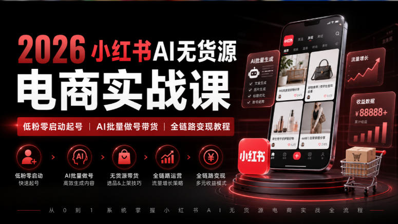 2026小红书AI无货源电商实战课｜低粉零启动起号｜AI批量做号带货全链路变现教程-第一资源库