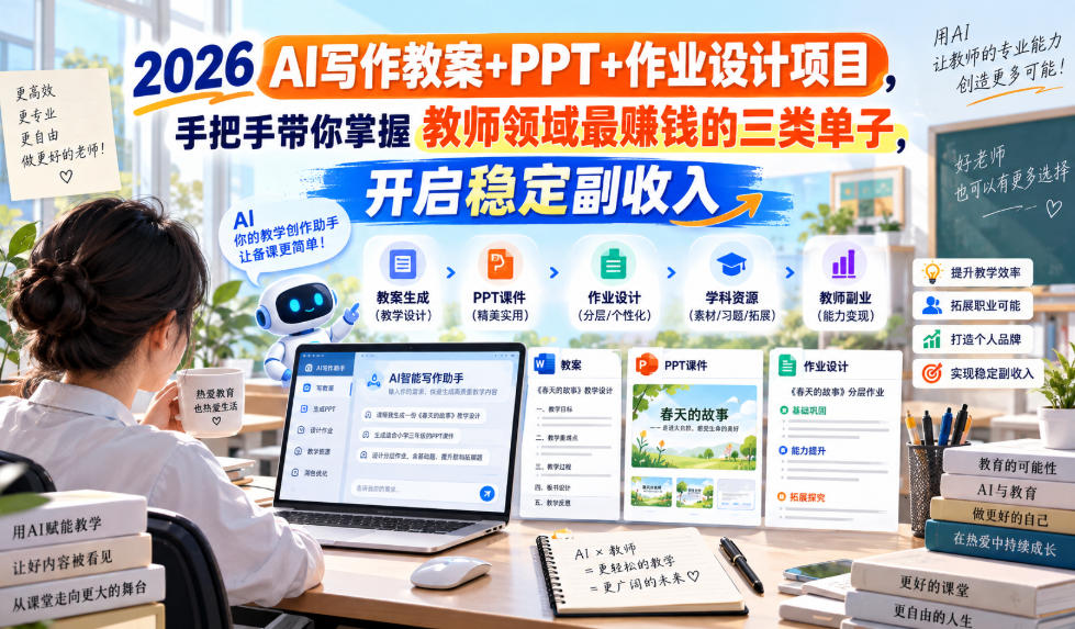 2026 AI写作教案+PPT+作业设计项目，手把手带你掌握教师领域最賺钱的三类单子，开启稳定副收入-第一资源库