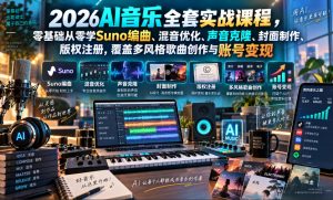 2026AI音乐实战课程,零基础从零学Suno编曲、混音优化、声音克隆、版权注册,覆盖多风格歌曲创作与账号变现-第一资源库
