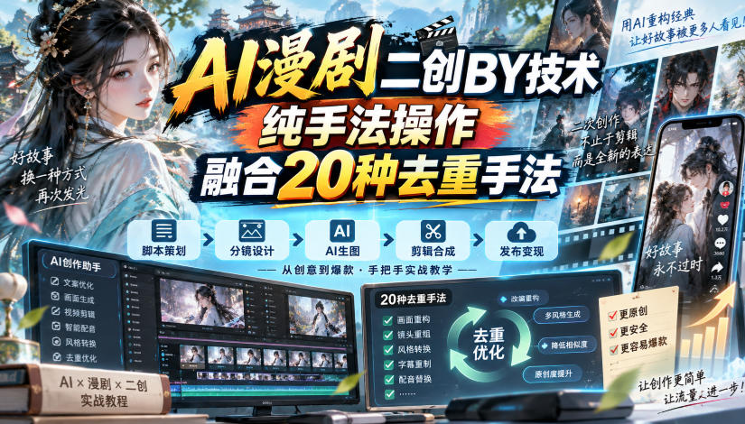 AI漫剧二创搬运技术，纯手法操作，融合20种去重手法-第一资源库