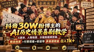 抖音30W粉博主的AI历史情景喜剧教学,从剧本、人物场景、分镜到视频剪辑,精选独家+付费观看+收徒等多渠道收益日入1k+-第一资源库
