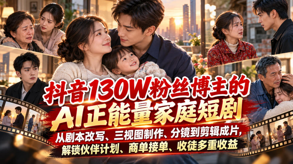 抖音130W粉丝博主的AI正能量家庭短剧，从剧本改写、三视图制作、分镜到剪辑成片，解锁伙伴计划、商单接单、收徒多重收益-第一资源库