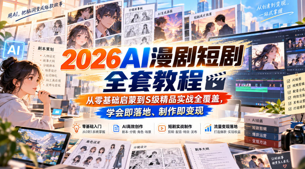 【无水印】2026AI漫剧短剧全套教程，从零基础启蒙到S级精品实战全覆盖，学会即落地、制作即变现-第一资源库