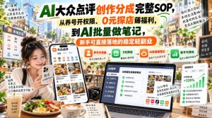 【无水印】AI大众点评创作分成完整SOP,从养号开权限、0元探店薅福利,到AI批量做笔记,新手可直接落地的稳定轻副业-第一资源库