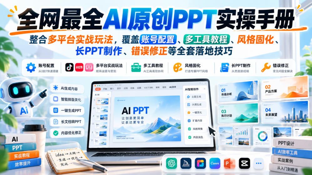 全网最全AI原创PPT实操手册，整合多平台实战玩法，覆盖账号配置、多工具教程、风格固化、长PPT制作、错误修正等全套落地技巧-第一资源库