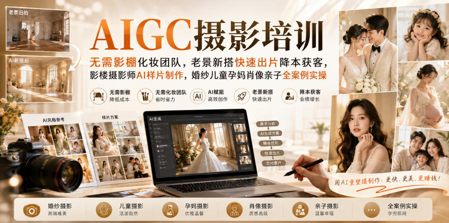 AIGC摄影培训｜无需影棚化妆团队，老景新搭快速出片降本获客，影楼摄影师AI样片制作，婚纱儿童孕妈肖像亲子全案例实操-第一资源库
