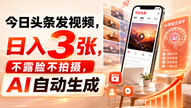 今日头条发视频，日入3张，不露脸不拍摄，AI自动生成-第一资源库