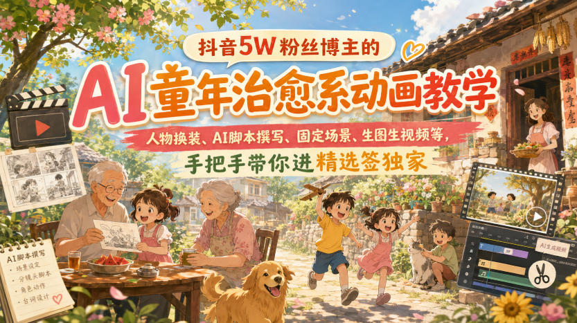 抖音5W粉丝博主的AI童年治愈系动画教学，人物换装、AI脚本撰写、固定场景、生图生视频等，手把手带你进精选签独家-第一资源库