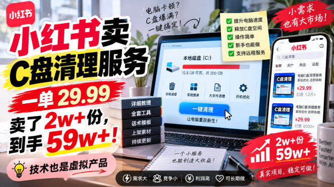 小红书卖C盘清理服务，一单29.99，卖了2w+份，技术也是虚拟产品-第一资源库