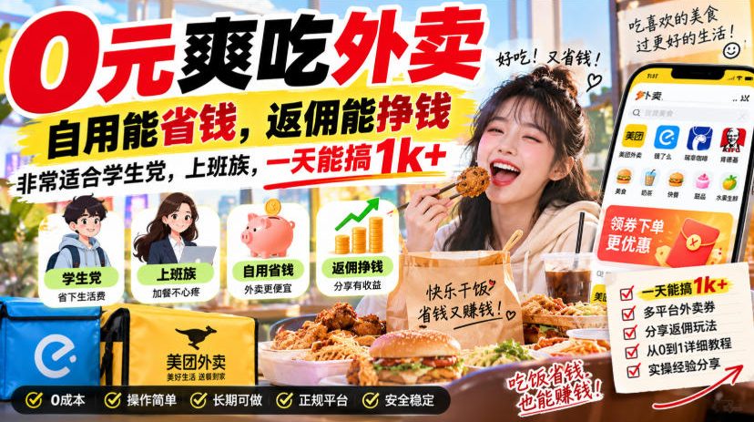 0元爽吃外卖，自用能省钱，返佣能挣钱，非常适合学生党，上班族，一天能搞1k+-第一资源库