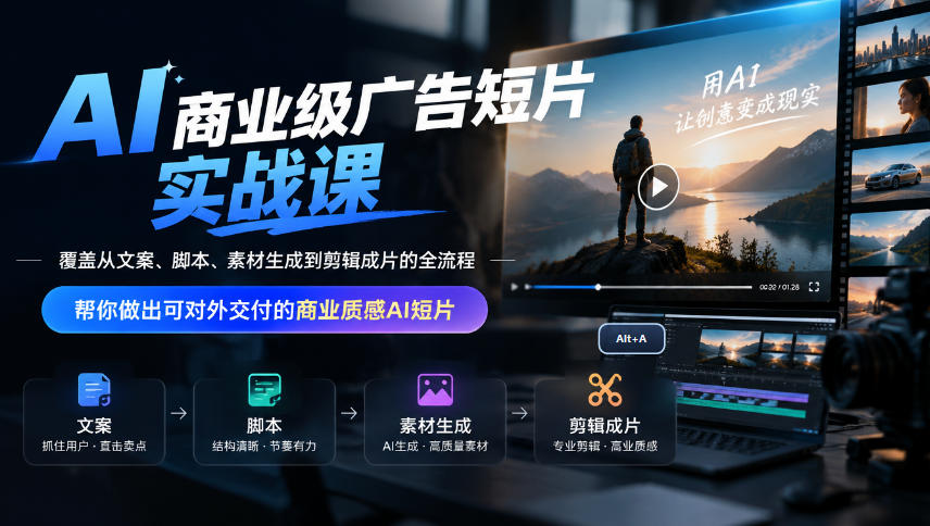 AI商业级广告短片实战课，覆盖从文案、脚本、素材生成到剪辑成片的全流程，帮你做出可对外交付的商业质感AI短片-第一资源库