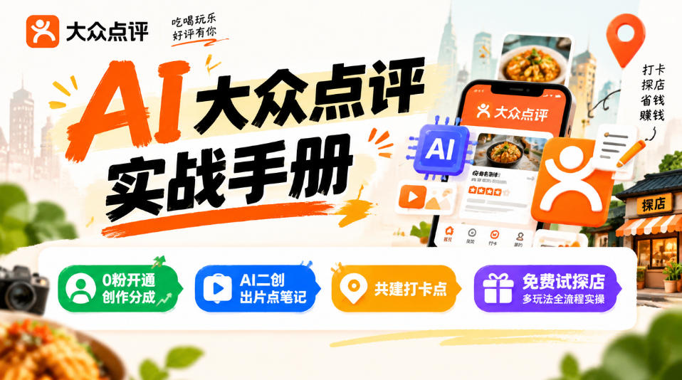 某局的AI大众点评实战手册，0粉开通创作分成、AI二创出片点笔记、共建打卡点、免费试探店多玩法全流程实操-第一资源库