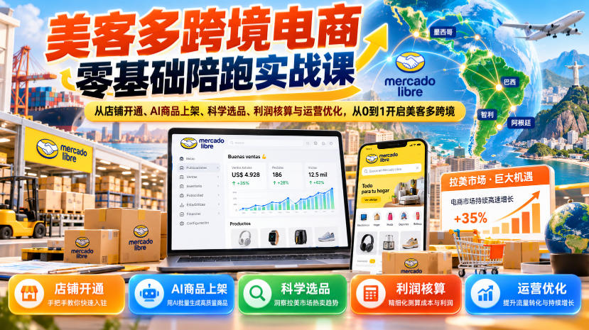 美客多跨境电商零基础陪跑实战课：从店铺开通、AI商品上架、科学选品、利润核算与运营优化，从0到1开启美客多跨境-第一资源库