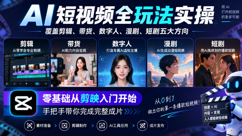 AI短视频全玩法实操，覆盖剪辑、带货、数字人、漫剧、短剧五大方向，零基础从剪映入门开始，手把手带你完成完整成片-第一资源库