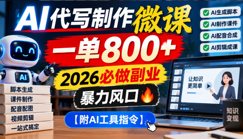 AI代写制作微课，一单800+，2026必做副业，暴力风口【附AI工具指令】【揭秘】-第一资源库