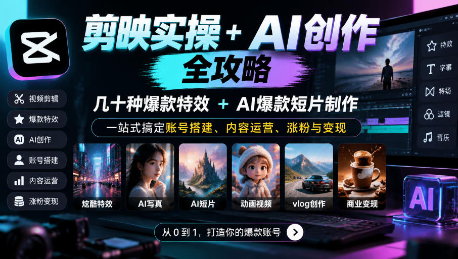 剪映实操+AI创作全攻略｜几十种爆款特效+AI爆款短片制作，一站式搞定账号搭建、内容运营、涨粉与变现-第一资源库