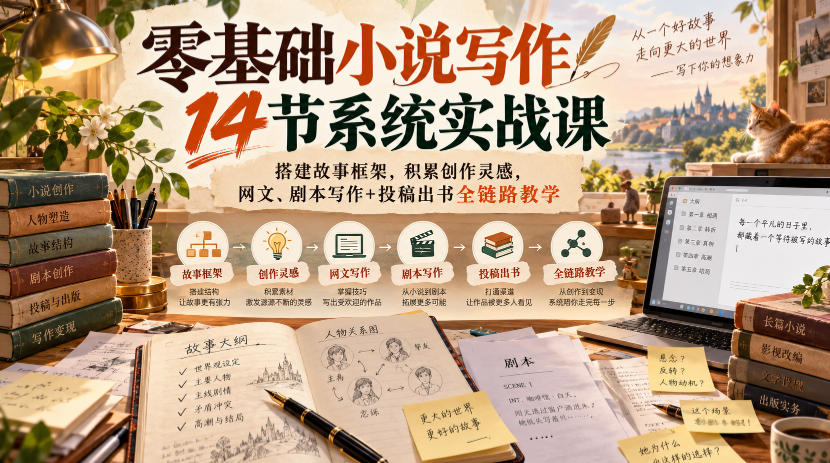 零基础小说写作14节系统实战课，搭建故事框架，积累创作灵感，网文、剧本写作+投稿出书全链路教学-第一资源库