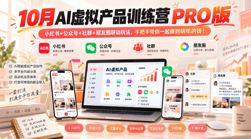 10月AI虚拟产品训练营PRO版，小红书+公众号+社群+朋友圈联动玩法，手把手带你一起赚到明年的钱！（更新1029）-第一资源库