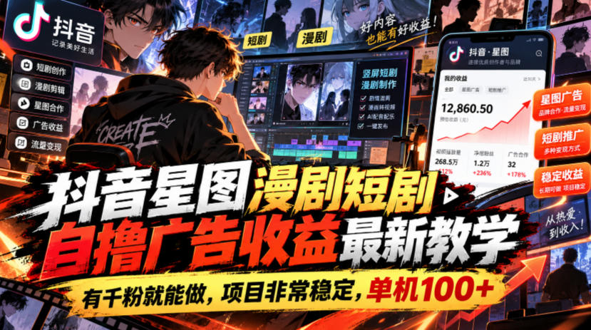 抖音星图漫剧短剧自撸广告收益最新教学，有千粉就能做，项目非常稳定，单机100+-第一资源库