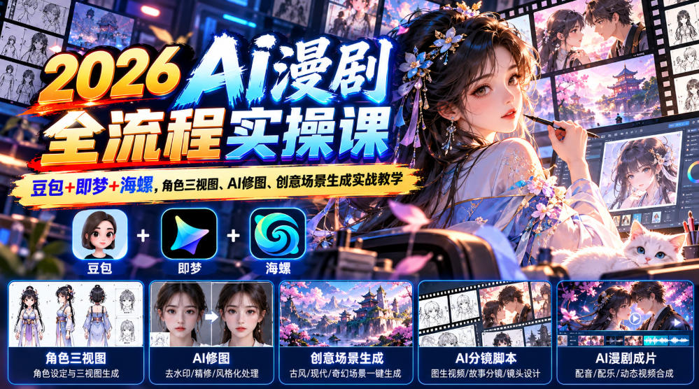 【无水印】2026 AI漫剧全流程实操课｜豆包+即梦+海螺，角色三视图、AI修图、创意场景生成实战教学-第一资源库