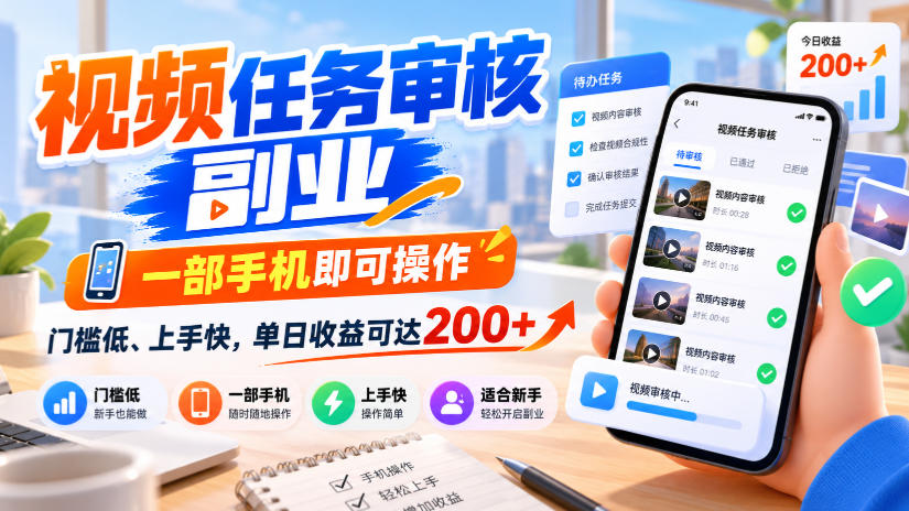 视频任务审核副业，一部手机即可操作，门槛低、上手快，单日收益可达200+【揭秘】-第一资源库
