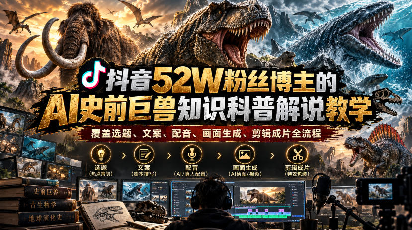 抖音52W粉丝博主的AI史前巨兽知识科普解说教学，覆盖选题、文案、配音、画面生成、剪辑成片全流程-第一资源库