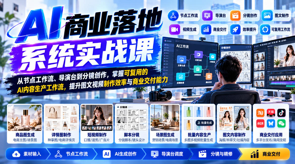 【无水印】AI商业落地系统实战课，从节点工作流、导演台到分镜创作，掌握可复用的AI内容生产工作流，提升图文视频制作效率与商业交付能力-第一资源库