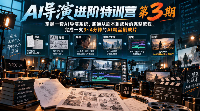 AI导演进阶特训营第3期,掌握一套AI导演系统,跑通从剧本到成片的完整流程,完成一支3~4分钟的AI精品剧成片(附1、2期)