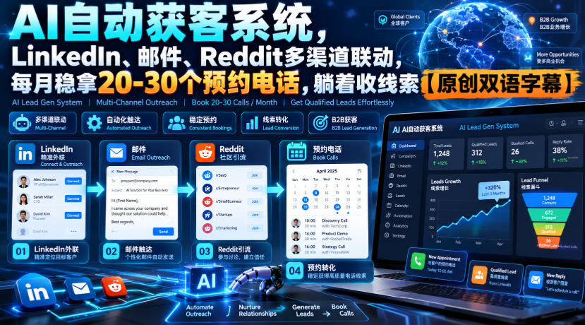 【无水印】AI自动获客系统，LinkedIn、邮件、Reddit多渠道联动，每月稳拿20-30个预约电话，躺着收线索【原创双语字幕】-第一资源库