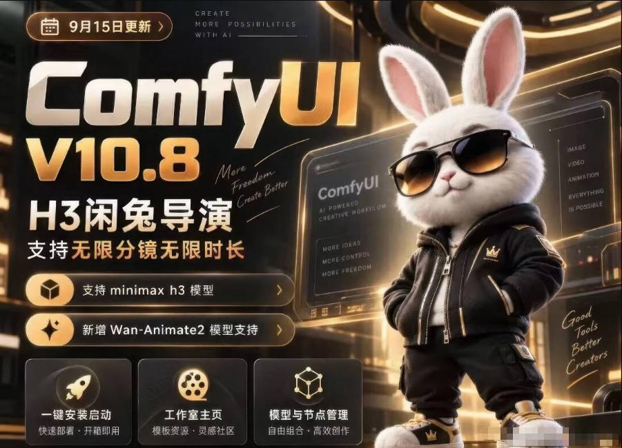 ComfyUI V10.8中文整合包，H3闲兔导演，支持无限分镜无限时长，1000+工作流，动作迁移，角色替换，视频一致性，口型同步，低显存可用-第一资源库